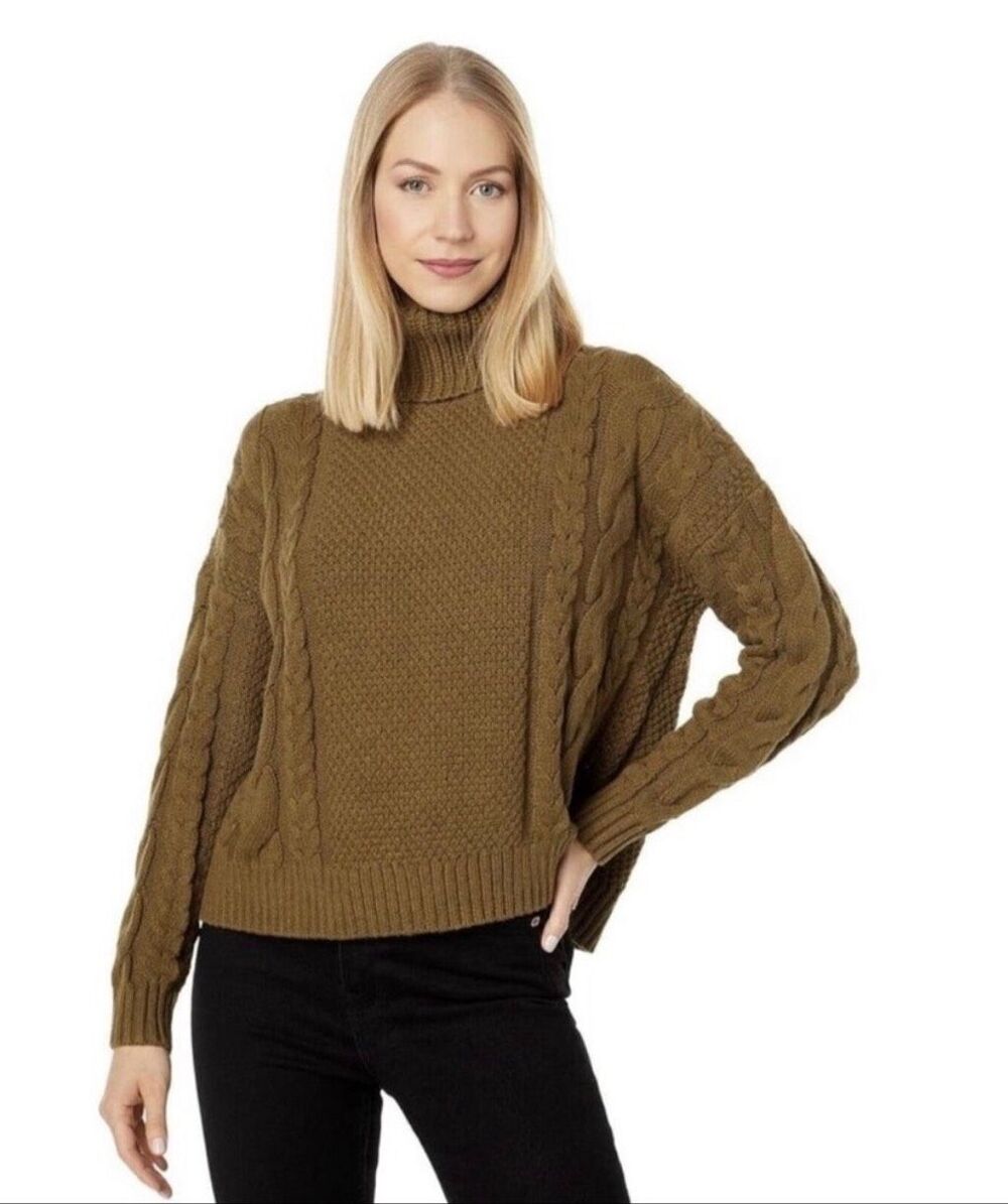 Madewell Women’s Small Olive Green Cable Knit Turtleneck Sweater Cotton Blend #1